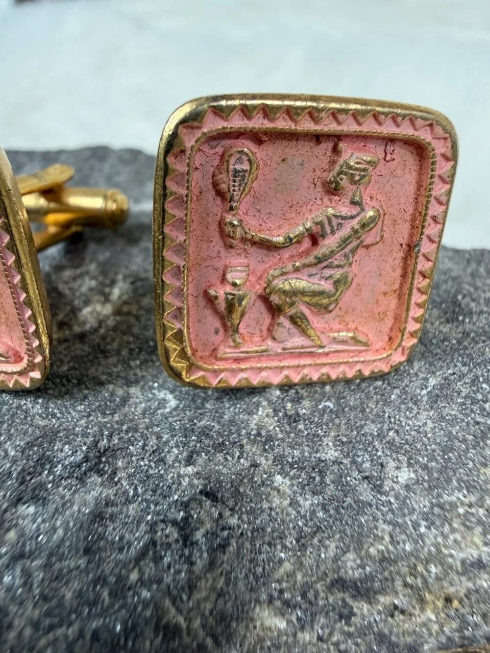 Vintage Egyptian Inspired Pink & Gold Tone Cuff Links Cufflinks Grecian Roman